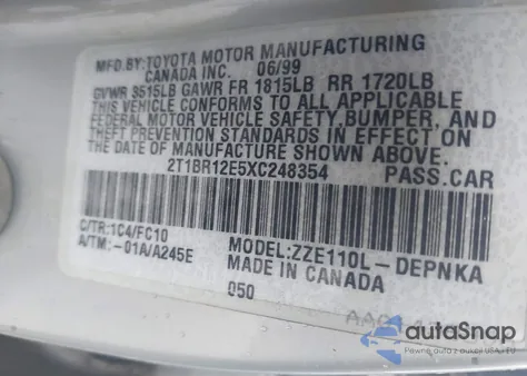 1999 Toyota Corolla Le from USA, damaged, VIN 2T1BR12E5XC248354